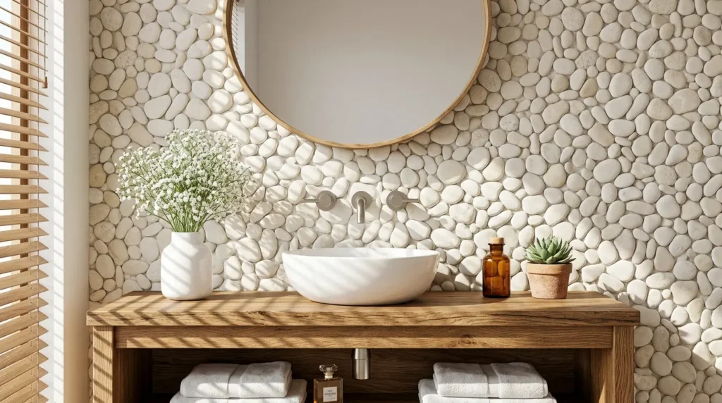 Banheiro moderno com parede revestida de seixos brancos. Uma pia de apoio branca, um balcão de madeira e um espelho redondo completam o visual minimalista e relaxante.