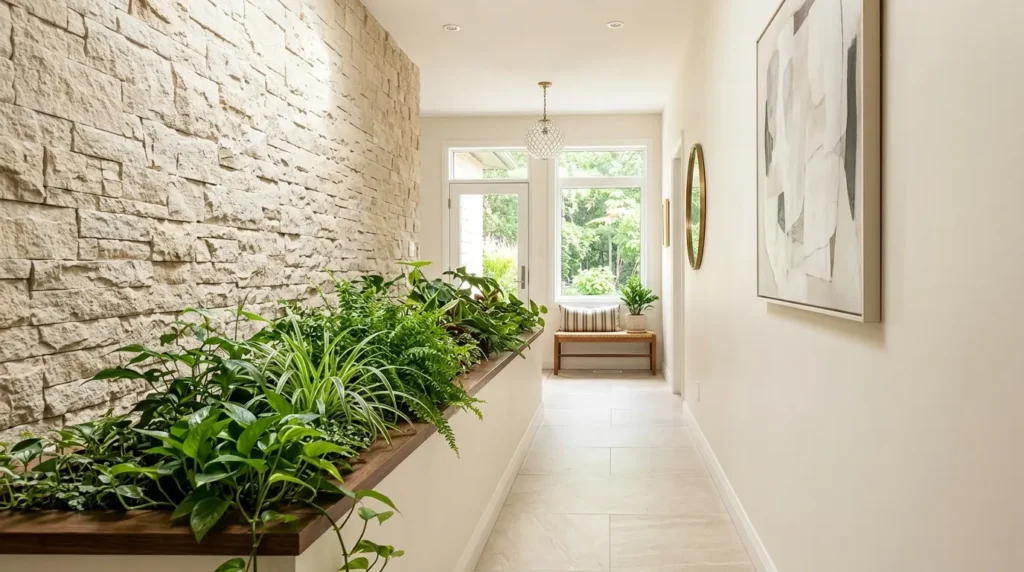 Jardim de inverno em corredor com floreira linear cheia de plantas verdes, parede de pedras claras texturizadas e banco ao fundo iluminado.