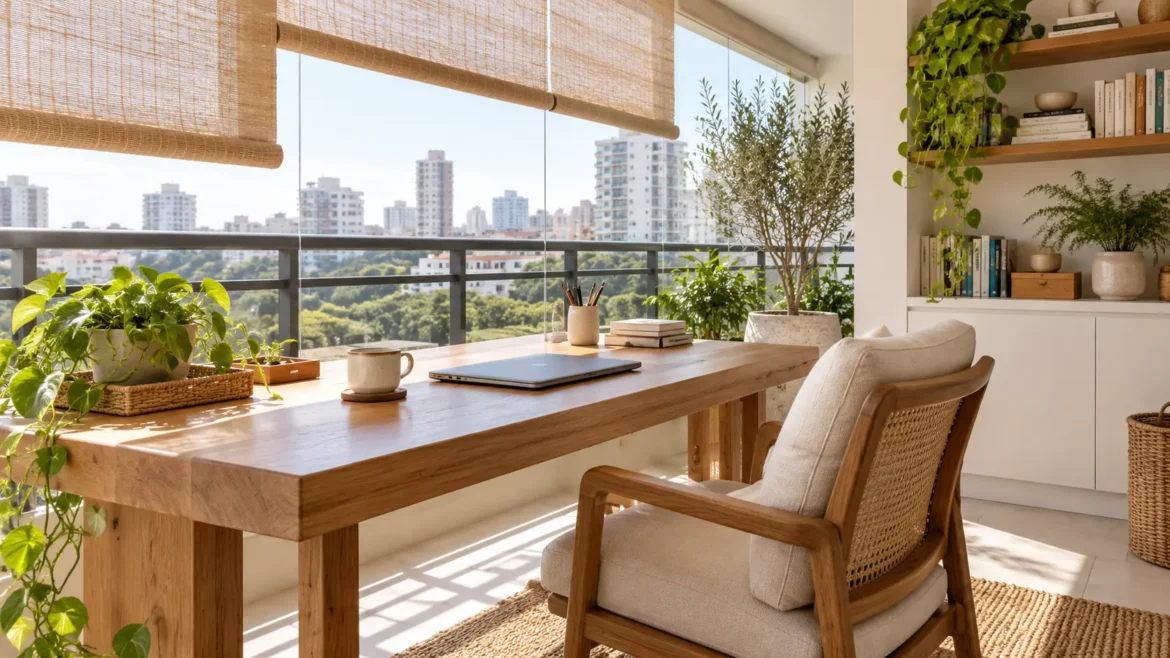 Home office montado numa varanda envidraçada com secretária de madeira maciça, cadeira com encosto em palhinha, portátil, plantas e vista panorâmica para a cidade.
