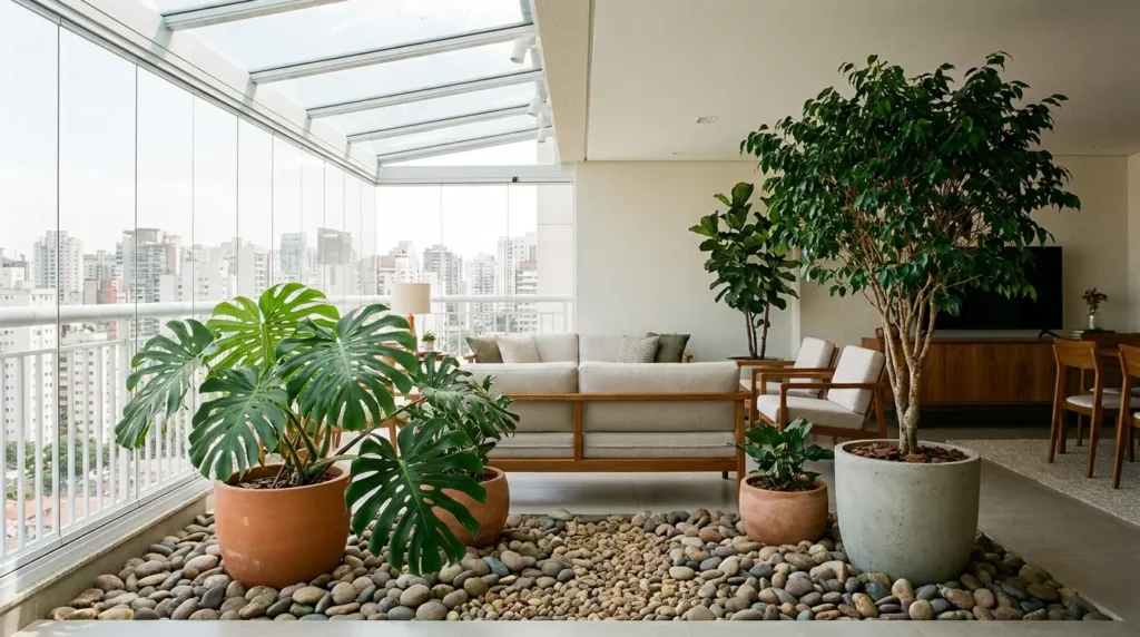 Jardim de inverno na varanda integrada com teto de vidro, sofá, piso de seixos e vasos com costela-de-adão e pequena árvore decorativa.