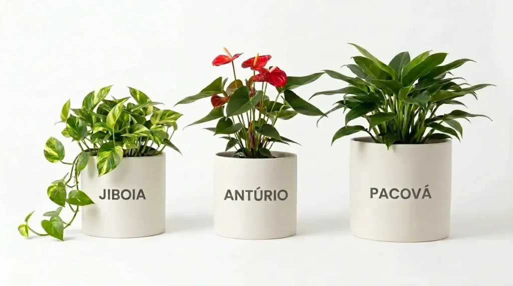 Três vasos cilíndricos brancos com as plantas jiboia, antúrio e pacová identificadas por texto em fundo branco.