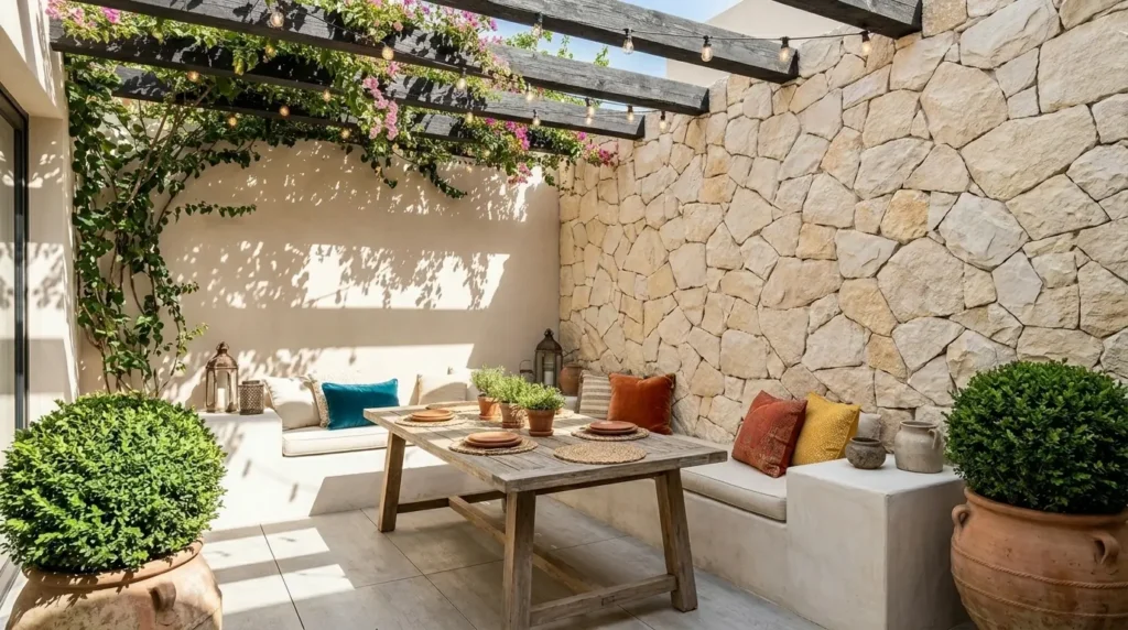 Pátio externo com parede revestida de pedra moledo em tons de bege e cinza. Uma mesa de madeira, cadeiras confortáveis e um pergolado de madeira criam um espaço de convivência ao ar livre.