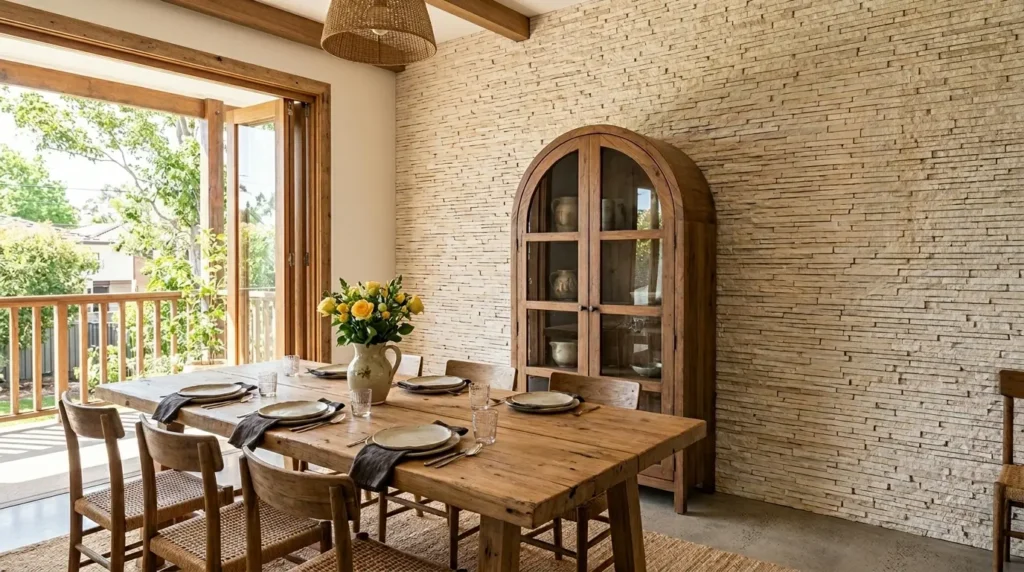 Sala de jantar rústica e elegante com parede revestida de filetes de pedra canjiquinha. Uma mesa de madeira, cadeiras de palha e uma cristaleira antiga dão charme ao espaço.