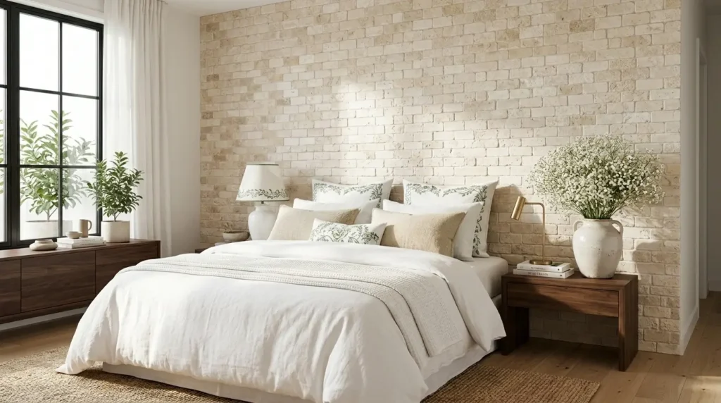 Quarto de casal com parede de destaque revestida de pedras rústicas em tons de bege. Uma cama de casal aconchegante, criados-mudos de madeira e janelas grandes para o exterior trazem conforto e naturalidade.