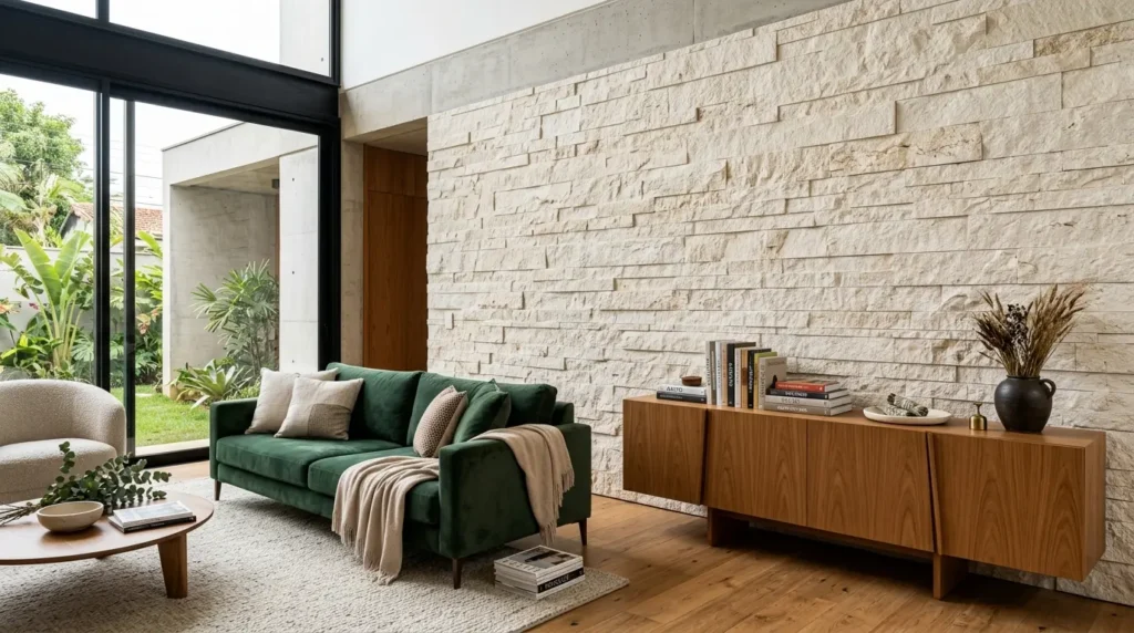 Sala de estar moderna com parede de destaque revestida de pedras brancas em estilo fileteado. Um sofá verde veludo, um buffet de madeira e janelas grandes para o jardim trazem um toque de cor e naturalidade.