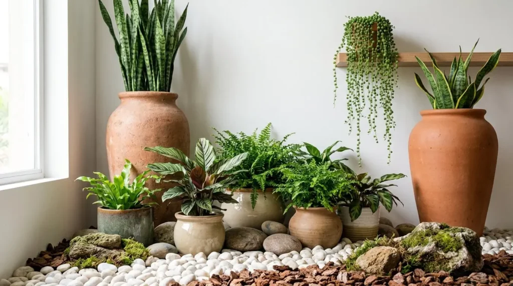 Composição de jardim de inverno com vasos de cerâmica em diferentes alturas, espada-de-são-jorge, samambaia e seixos brancos.