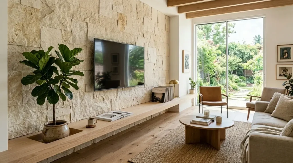 Sala de estar aconchegante com pedras na parede de destaque revestida de placas de pedra São Tomé em tons de creme. Um sofá modular branco e uma janela ampla trazem luminosidade e naturalidade.