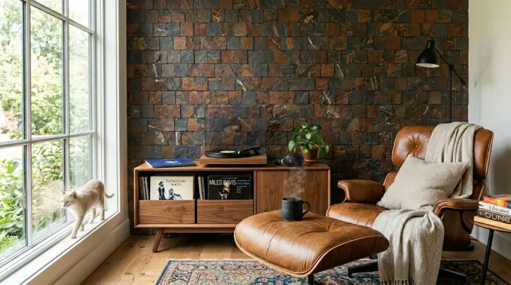 Sala de música com parede revestida de pedra ferro em tons marrons e pretos. Uma poltrona de couro marrom, um tocadiscos e uma coleção de vinis refletem o estilo do ambiente.