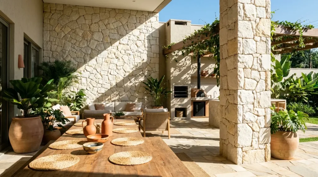Varanda gourmet ensolarada com parede e pilar revestidos de pedras calcárias beges, mesa de madeira e vasos de plantas.