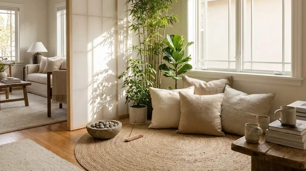 Sala de estar minimalista com sofá bege, tapete de juta redondo, plantas em vasos, divisor de ambiente shoji e janela grande com luz natural