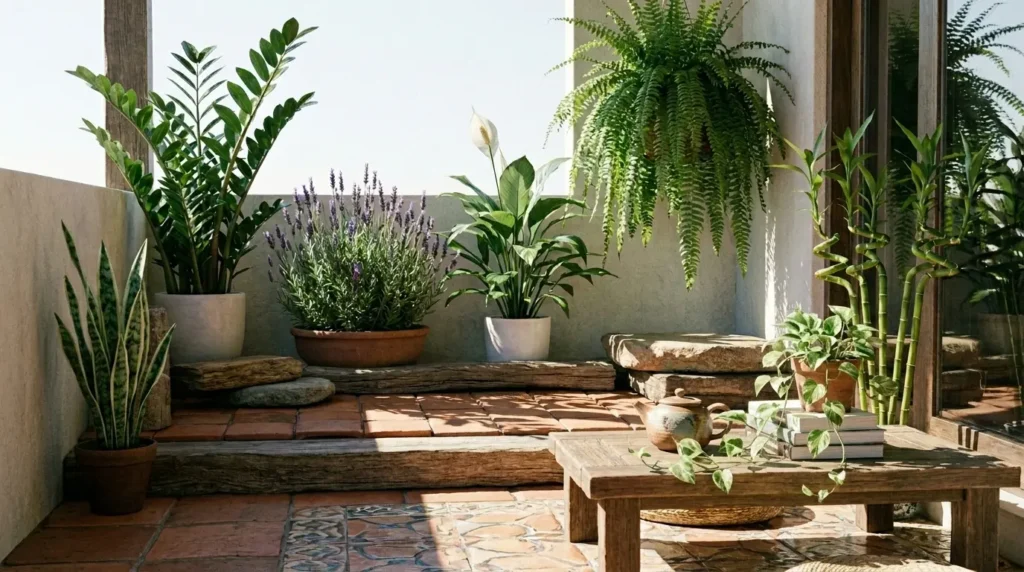 Varanda com piso de terracota, vasos com espada-de-são-jorge, lavanda, lírio-da-paz, samambaia e bambu, além de mesa de centro com bule de chá.