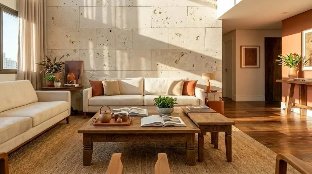Sala de estar ampla e iluminada com pé-direito alto, destaque para parede revestida de grandes placas de pedra limestone clara e mesas de centro de madeira rústica.