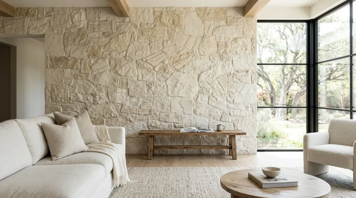 Sala de estar aconchegante com parede revestida de pedras rústicas texturizadas em tons de bege. Um sofá confortável e uma janela grande para o jardim completam a cena.