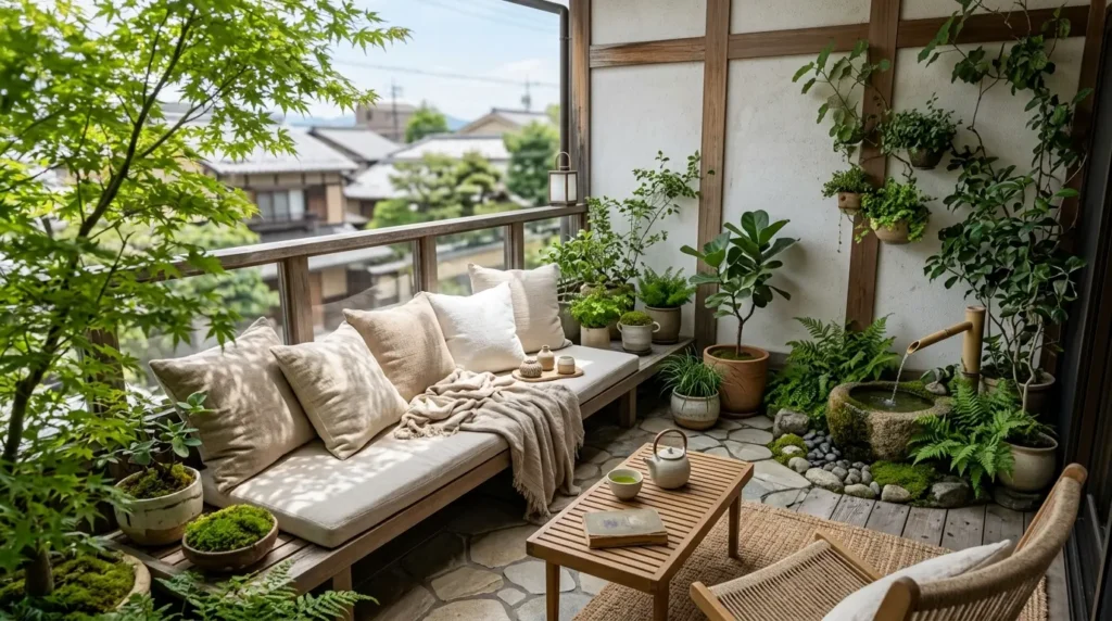 Varanda com piso de pedra, futon de linho bege, plantas em vasos de cerâmica, fonte de água de pedra e mesa de centro de ripas com bule de chá.