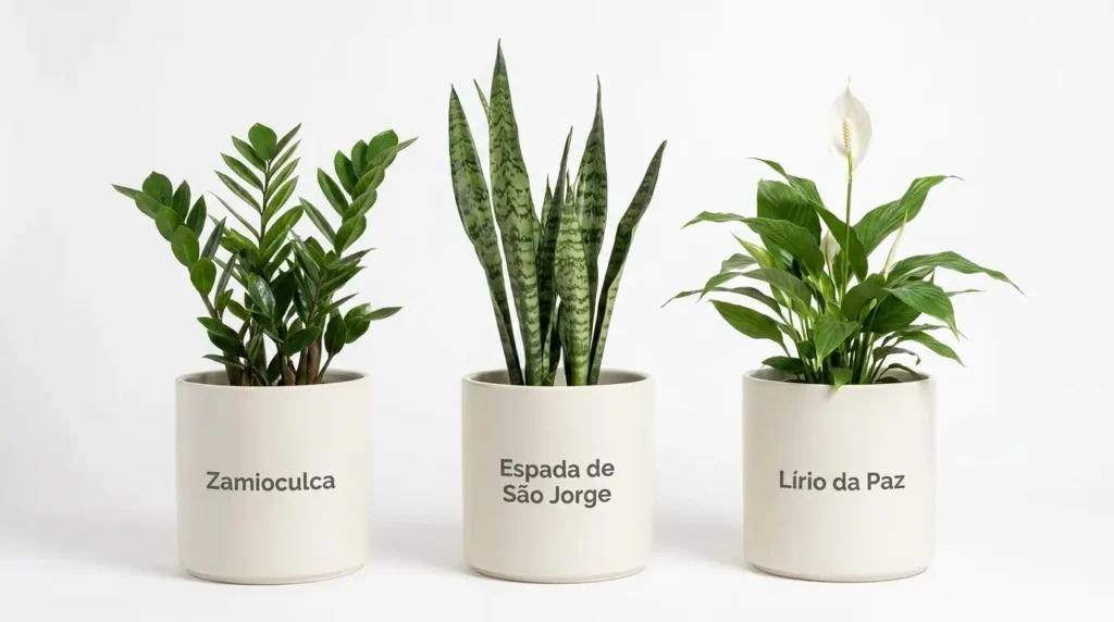Três vasos cilíndricos brancos contendo as plantas zamioculca, espada-de-são-jorge e lírio da paz com seus nomes escritos em fundo branco.