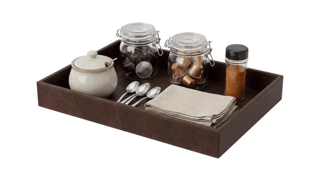 bandeja de couro com acessórios para cantinho do café