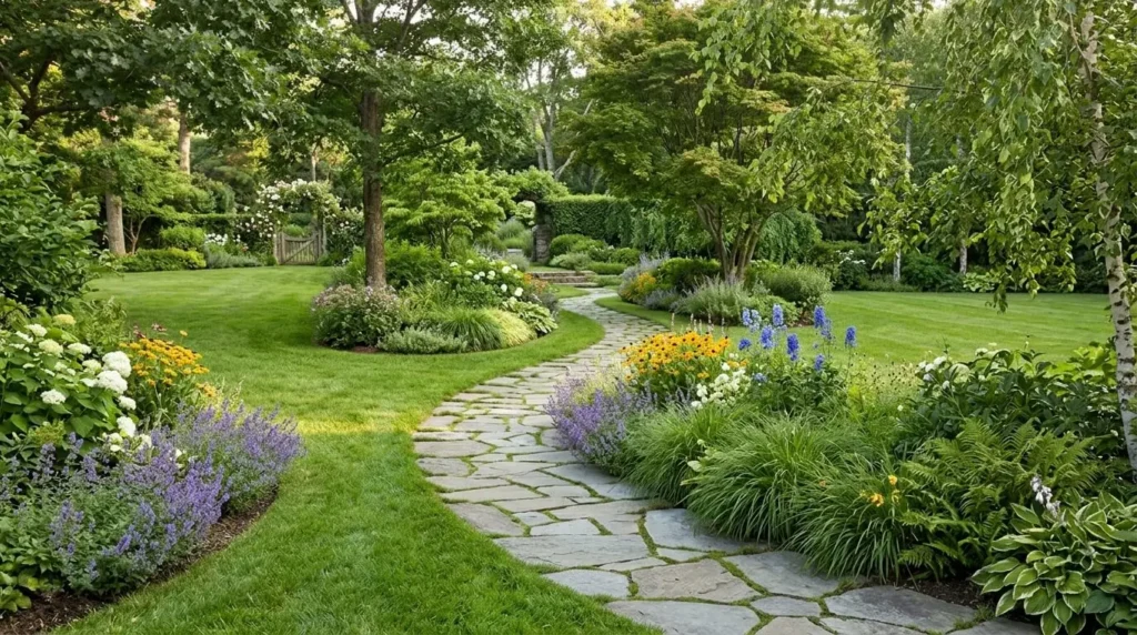 Caminho sinuoso de pedras rústicas recortadas atravessa um jardim gramado com árvores frondosas e canteiros de flores coloridas.