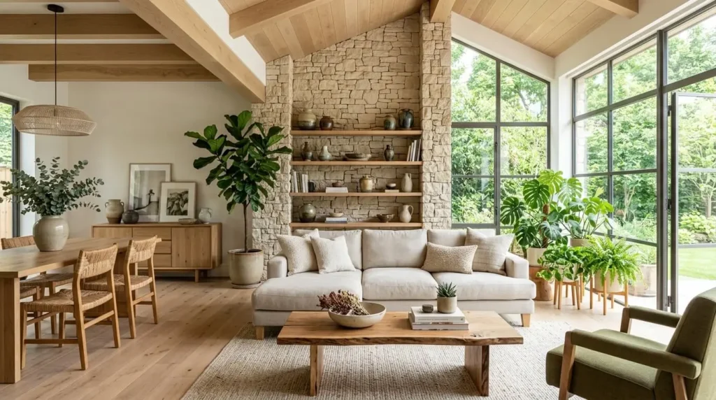 Sala de estar e jantar integrada em estilo rústico contemporâneo e sofisticado, com teto inclinado de madeira clara e vigas aparentes. Ao centro, destaca-se uma imponente parede de destaque revestida de pedras naturais empilhadas em tons bege, que integra prateleiras de madeira flutuantes repletas de vasos de cerâmica artesanal e livros. Um sofá em L estofado em tecido off-white com almofadas neutras está posicionado à frente da parede de pedra, acompanhado por uma mesa de centro de madeira maciça rústica com livros e uma suculenta. Do lado esquerdo, avista-se a área de jantar com uma mesa longa de madeira, cadeiras com assento de palha trançada e uma luminária pendente de fibras naturais. Uma planta fícus-lira alta em vaso de barro faz a transição entre os ambientes. Do lado direito, uma grande esquadria de metal escuro vai do chão ao teto, revelando um jardim verdejante exterior e banhando a sala com luz natural clara e direta. Próximo à janela, há um arranjo de plantas internas, incluindo uma costela-de-adão e samambaias em suportes de madeira, além de uma poltrona estofada em tom verde-oliva em primeiro plano.