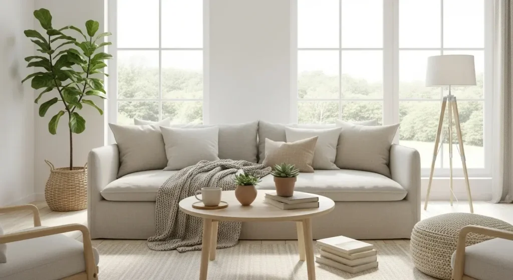 Sala de estar iluminada e arejada com decoração moderna em estilo minimalista aconchegante. No centro, um sofá longo estofado em tecido bege claro está decorado com várias almofadas em tons neutros (off-white, cinza-claro e bege) e uma manta de tricô cinza texturizada disposta casualmente. À frente do sofá, há uma mesa de centro redonda de madeira clara que apoia uma caneca sobre pires, livros empilhados e dois pequenos vasos de cerâmica com plantas suculentas. Do lado esquerdo, uma planta fícus-lira alta destaca-se em um cesto de vime trançado, ao lado de uma poltrona de madeira com estofamento claro em primeiro plano. Do lado direito, um abajur de piso com tripé de madeira e cúpula branca está posicionado ao lado de um pufe redondo de tricô texturizado. Ao fundo, duas grandes janelas com esquadrias brancas revelam uma vista suave para copas de árvores sob a luz natural e clara do dia, que preenche todo o ambiente