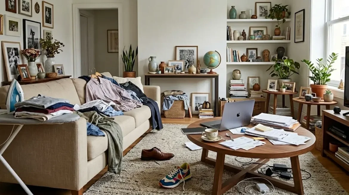 Sala de estar bagunçada com roupas acumuladas sobre o sofá, mesa de centro cheia de papéis, notebook e objetos espalhados pelo chão e estante.