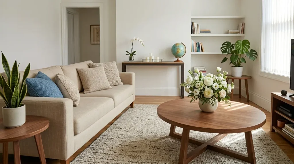 Sala de estar organizada e limpa, com sofá decorado por almofadas, mesa de centro com vaso de flores brancas e estantes com poucos objetos.