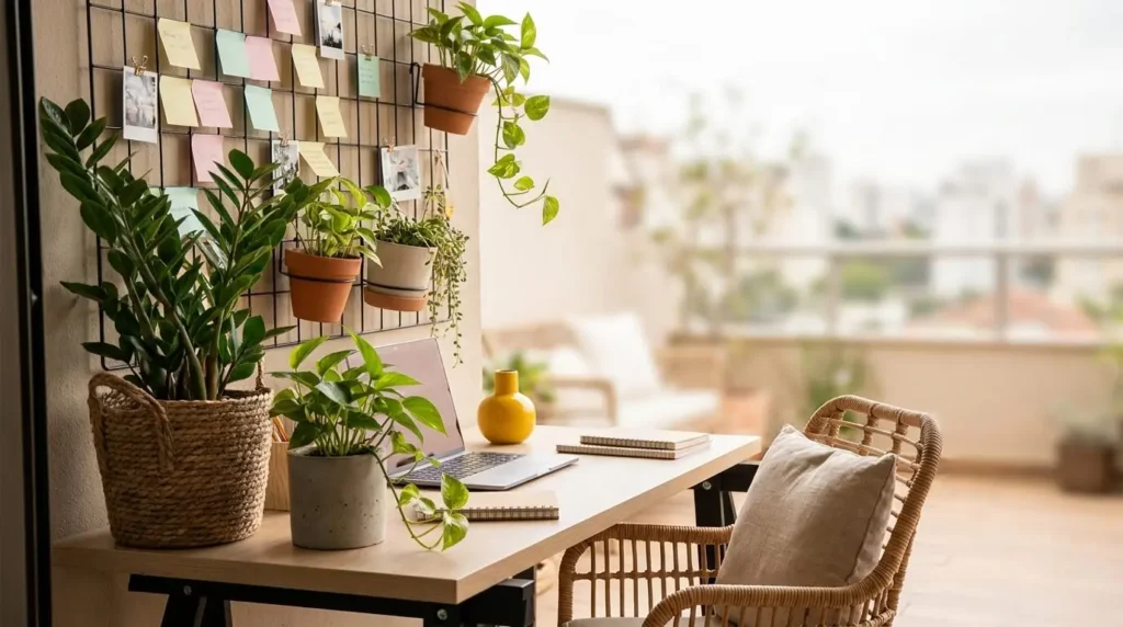 Mesa de madeira com notebook, cadeira de vime e painel aramado na parede com fotos e notas, decorada com muitos vasos de plantas suspensos.