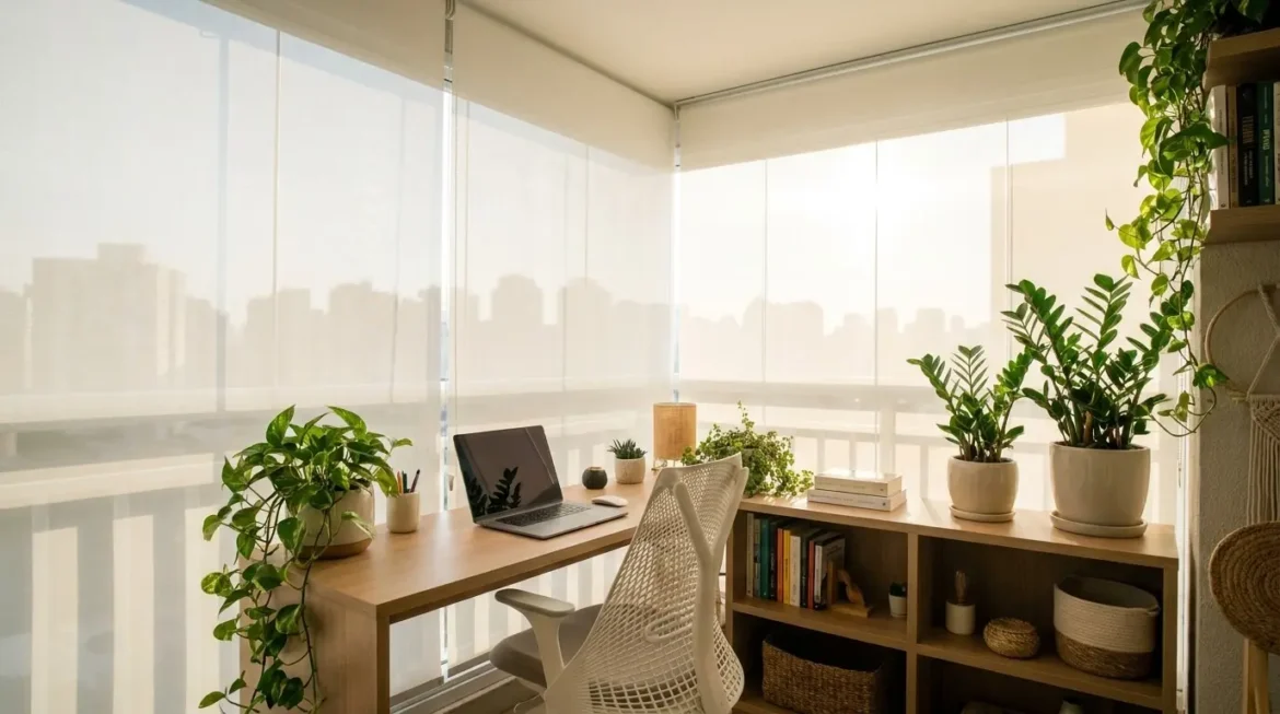 Escritório na varanda com mesa de madeira clara, notebook, cadeira ergonômica branca, estante baixa, cortinas rolo e vasos de plantas com claridade solar.