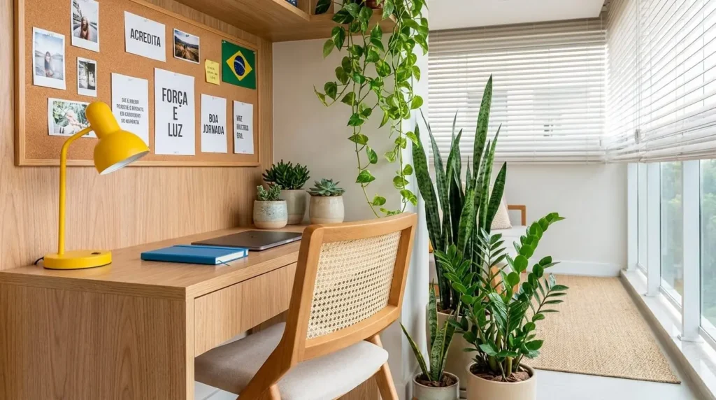 Escritório na varanda com mesa e cadeira de madeira, luminária amarela, notebook, mural de cortiça com recados e grandes vasos de plantas no chão.