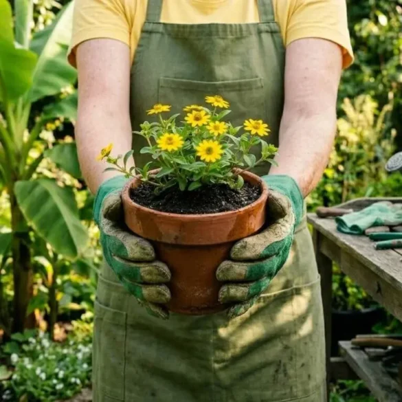 mulher com braços estendidos e mãos com luvas de jardim sujas de terra seguram um vaso de barro com flores amarelas em terra preta.