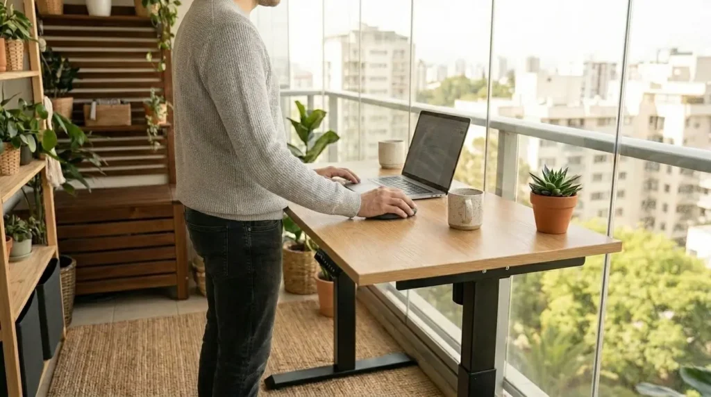 Homem em pé utilizando notebook sobre mesa com regulagem de altura em varanda fechada de vidro, com vaso de planta e caneca de cerâmica organizados.