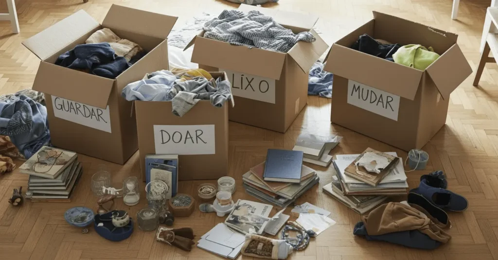 Quatro caixas de papelão no chão com etiquetas "Guardar", "Doar", "Lixo" e "Mudar", cercadas por livros, roupas e objetos dispersos.