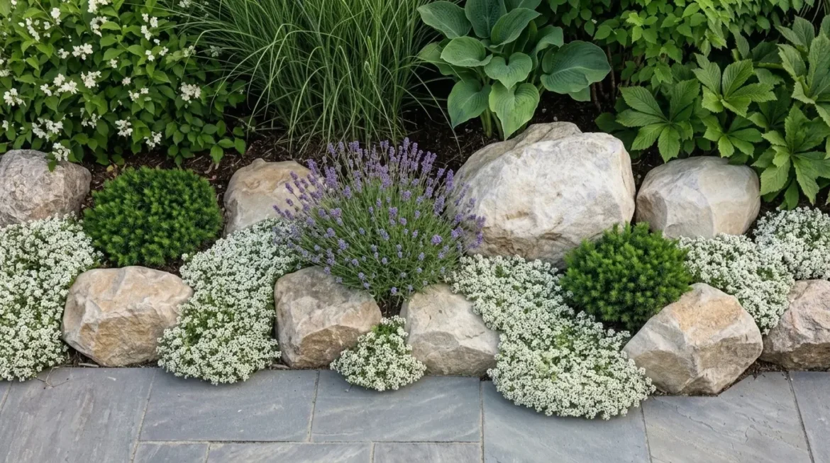 pedras no jardim. Canteiro de jardim delimitado por grandes pedras rústicas, com arbustos de lavanda roxa, folhagens verdes e forração de pequenas flores brancas.