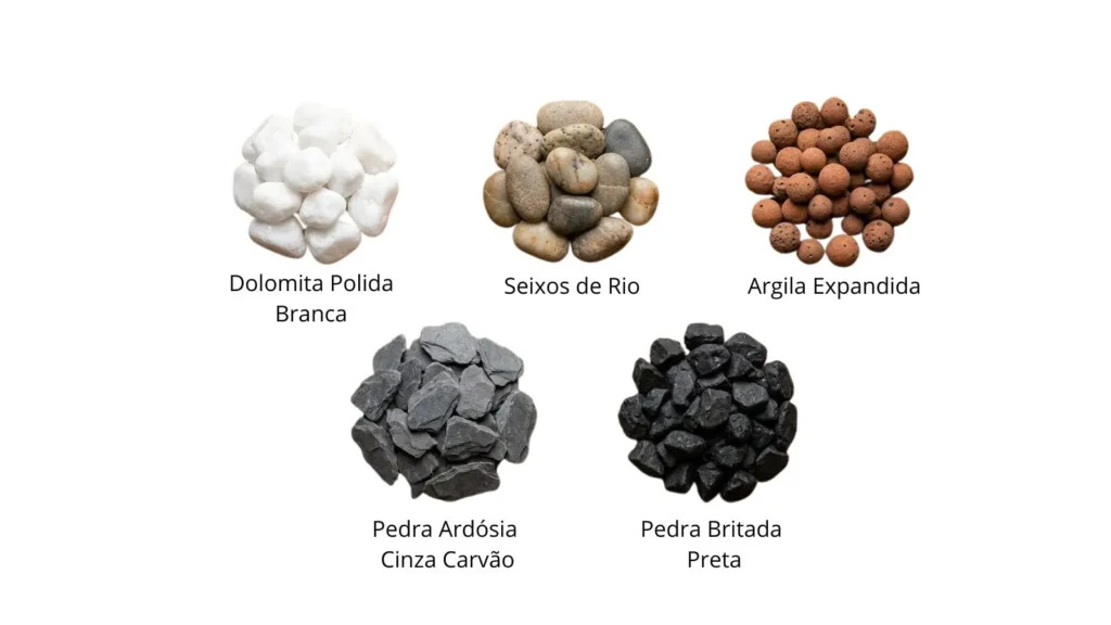 Cinco tipos de pedras para jardim de inverno com legendas: dolomita branca polida, seixos de rio, argila expandida, pedra ardósia cinza carvão e britada preta.