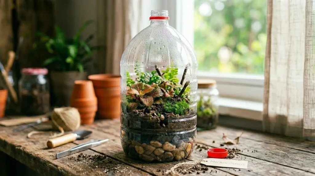 Terrário criativo e sustentável montado dentro de uma garrafa plástica transparente de 2 litros reaproveitada.
