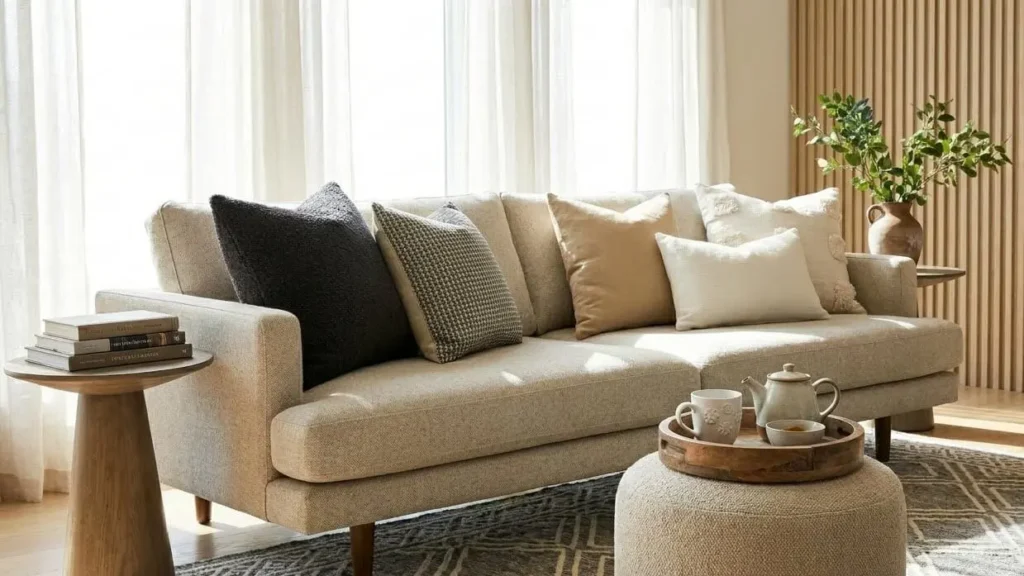 Sofá bege decorado com almofadas em tons neutros e uma de destaque preta texturizada, ambientado em sala com luz natural e mesa de centro.
