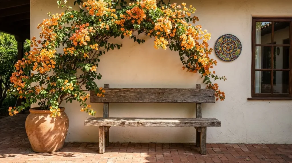 Fachada externa de estilo rústico com um banco de madeira maciça envelhecida posicionado contra uma parede de reboco claro. Do lado esquerdo, um grande vaso de cerâmica artesanal terracota abriga uma planta primavera (bougainvillea) florida em tons de laranja e salmão, cujos galhos crescem formando um arco natural perfeito sobre o banco. O chão é revestido com tijolos de cerâmica rústica, onde a luz do sol projeta sombras nítidas e diretas. Do lado direito da parede, há um prato decorativo circular em mosaico colorido e uma janela de madeira escura com várias vidraças quadradas. A iluminação ambiente é clara, evidenciando as texturas rústicas dos materiais sob a luz do dia.