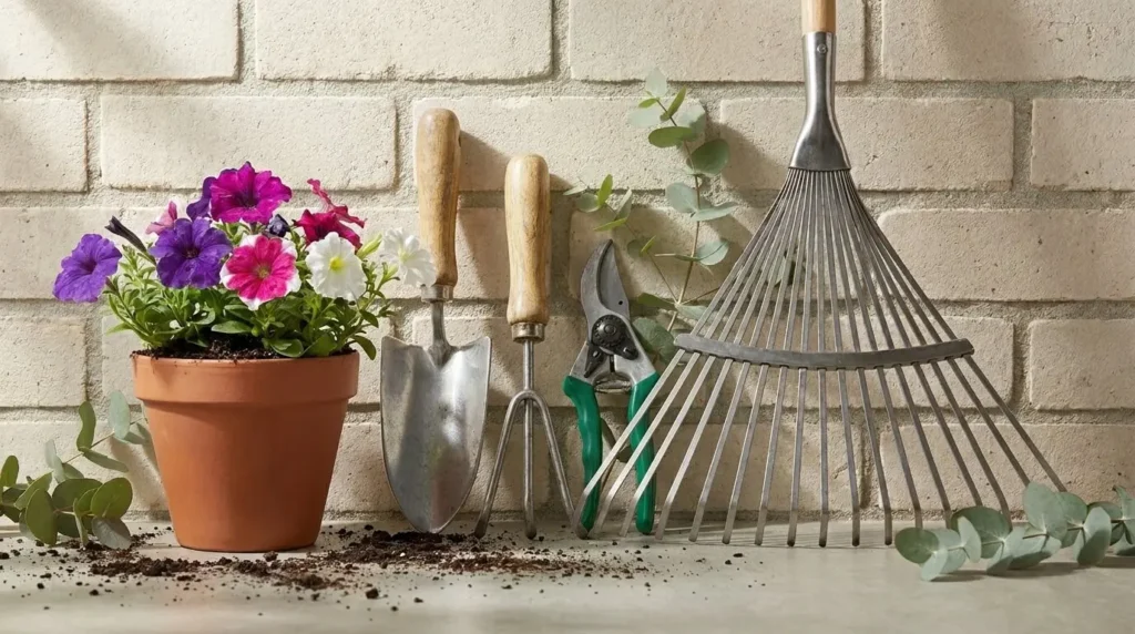 Ferramentas de jardinagem manuais alinhadas contra uma parede de tijolos aparentes claros, sob iluminação natural focada. Da esquerda para a direita, há um vaso de terracota redondo com flores petúnias coloridas nas cores roxa, rosa e branca, assentado sobre um punhado de terra escura espalhada no chão. Ao lado do vaso, estão dispostas uma pá de mão metálica com cabo de madeira clara, um pequeno ancinho ou escarificador de três dentes com cabo idêntico, uma tesoura de poda metálica com cabos emborrachados verdes e um ancinho de folhas metálico de tamanho grande com cabo longo de madeira. Pequenos ramos de eucalipto com folhas arredondadas verdes estão espalhados delicadamente no chão e apoiados entre as ferramentas e a parede rústica.