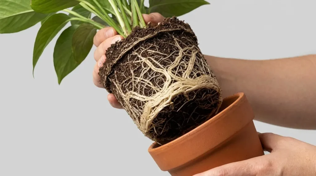 Mãos segurando uma planta fora do vaso de terracota, exibindo um torrão de terra completamente coberto por uma densa rede de raízes brancas.