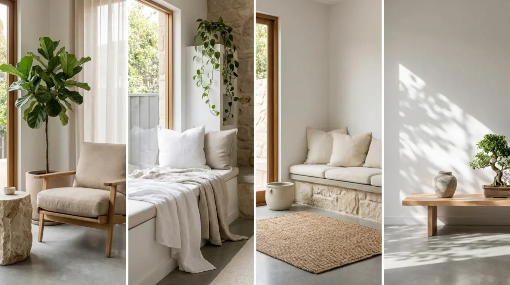 Colagem de quatro imagens mostrando cantos de meditação minimalistas com poltrona bege, futon de janela, banco de pedra e bonsai sobre banco de madeira.