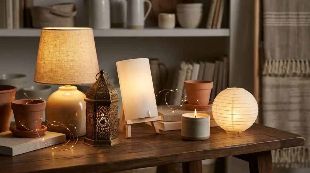 Mesa de madeira com diversas luminárias: abajur com cúpula de linho, lanterna marroquina de metal, luminária de papel japonesa e velas acesas.