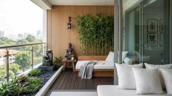 Varanda moderna com deck de madeira escura, futon branco com manta cinza, estátua de Buda sobre mesa lateral e fonte de água de pedra com plantas.