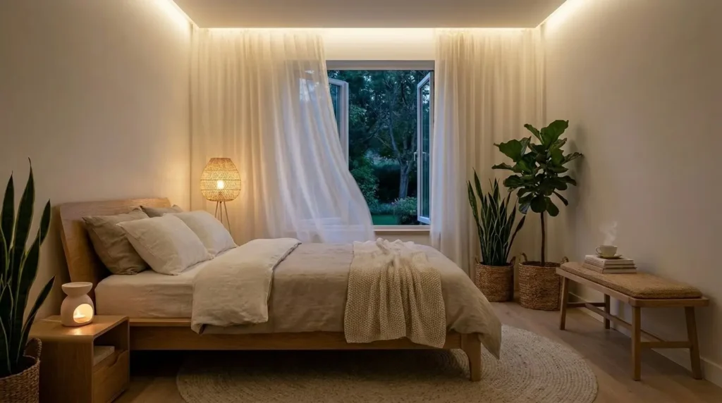 Quarto zen com cama de madeira baixa, roupa de cama bege, luminária de piso de vime, plantas altas em vasos de fibra e janela aberta para o jardim.