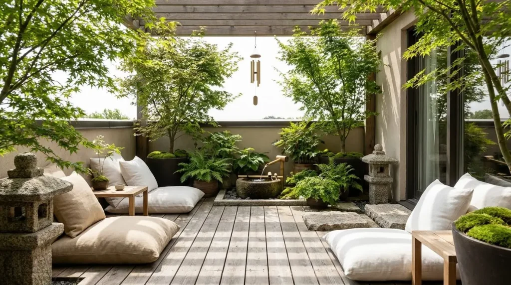 Jardim com deck de madeira, almofadas de chão brancas e beges, fonte de água de pedra, lanternas japonesas, carrilhão de vento e árvores verdes.