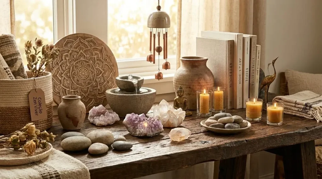 Mesa de madeira com cristais de ametista, fonte de água de pedra, estátua de Buda dourada, velas acesas, carrilhão de vento e mandala de madeira