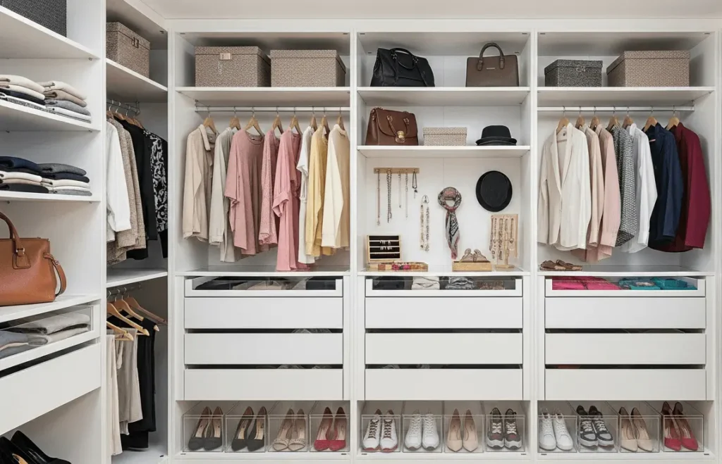 Guarda-roupa planejado branco e totalmente organizado, com roupas penduradas por cores, caixas organizadoras e sapatos alinhados.
