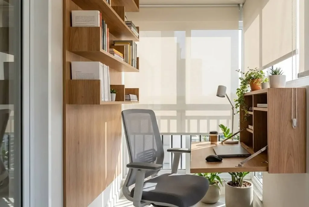 Varanda compacta com mesa suspensa de madeira dobrável, notebook, cadeira de escritório cinza, estante de livros na parede e cortinas rolo claras.