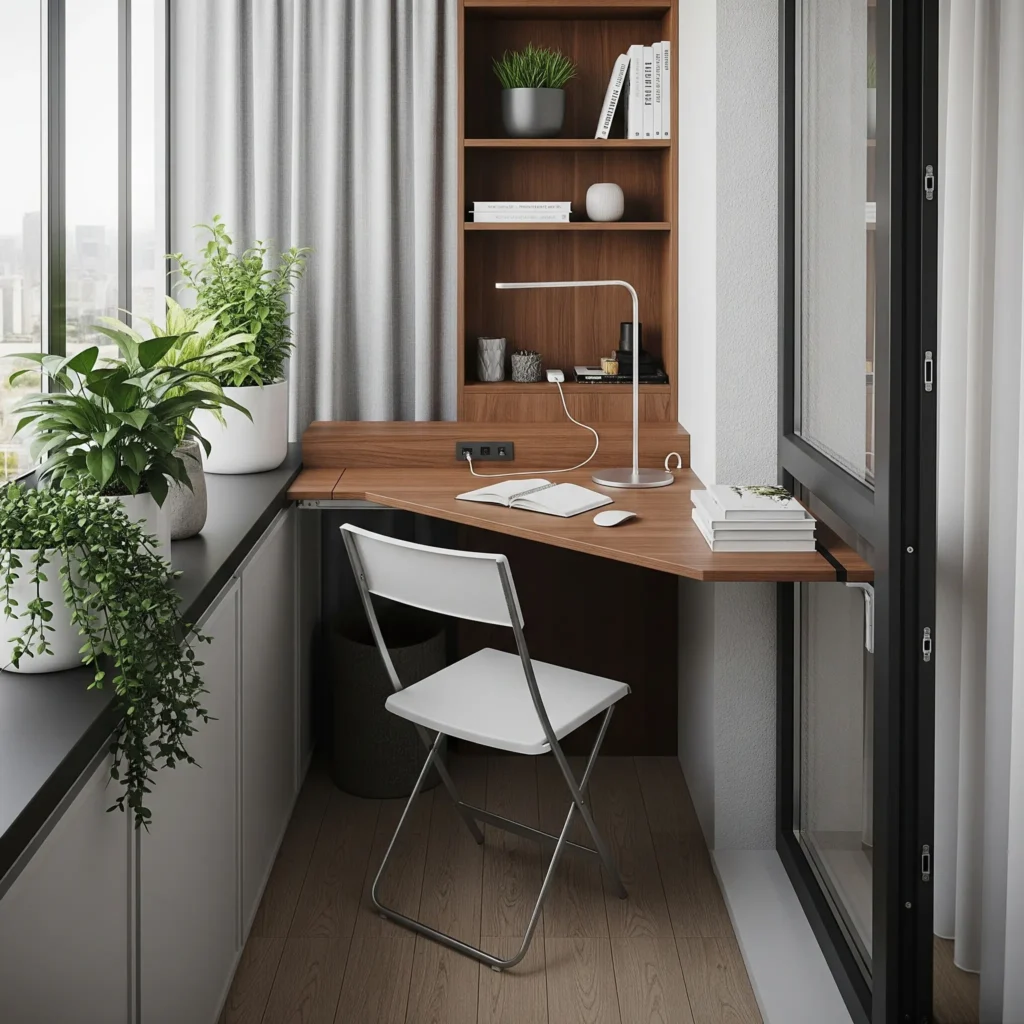 Home office compacto planejado em varanda com mesa triangular de madeira, cadeira dobrável branca, luminária de mesa de metal e estante vertical.