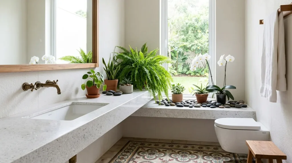Banheiro minimalista com bancada de pedra clara decorada com vasos de plantas, samambaia e seixos escuros perto da janela.