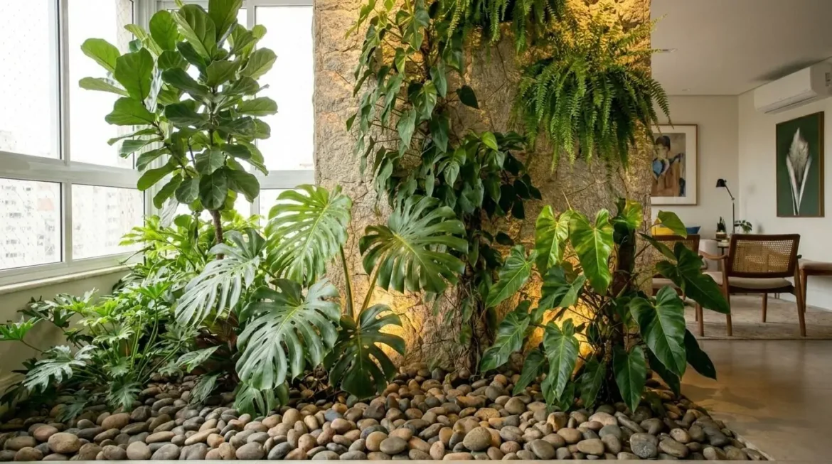 Jardim de inverno em apartamento com piso de seixos, parede de pedra rústica, samambaia suspensa, costela-de-adão e jiboia sob luz quente.