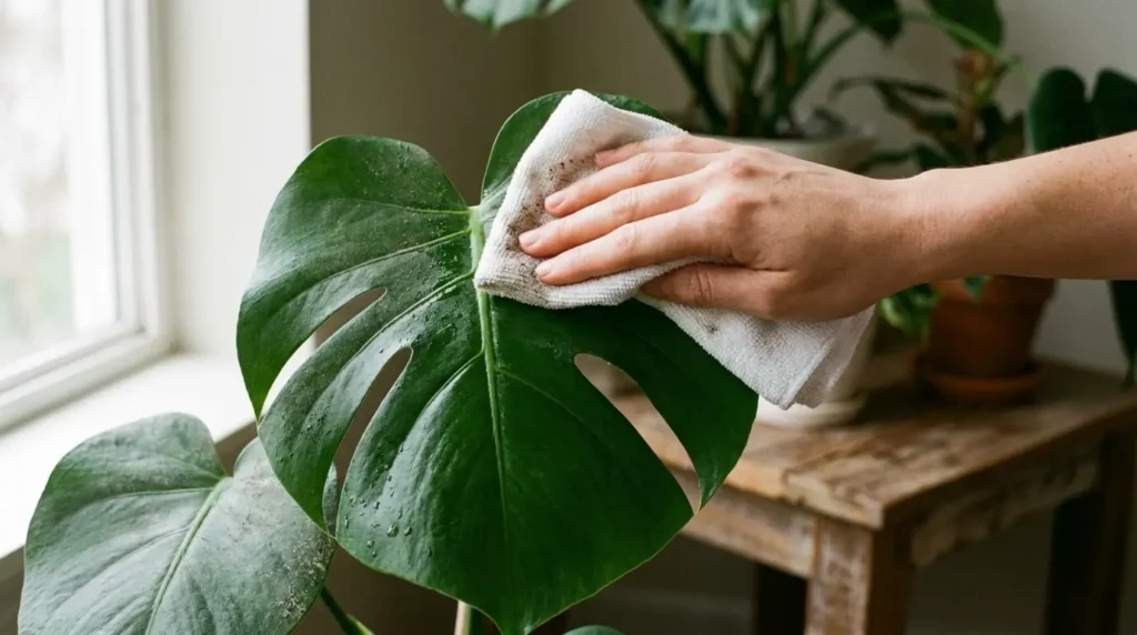Mão humana usando um pano de algodão branco úmido para limpar a poeira acumulada sobre a folha verde grande de uma planta costela-de-adão.